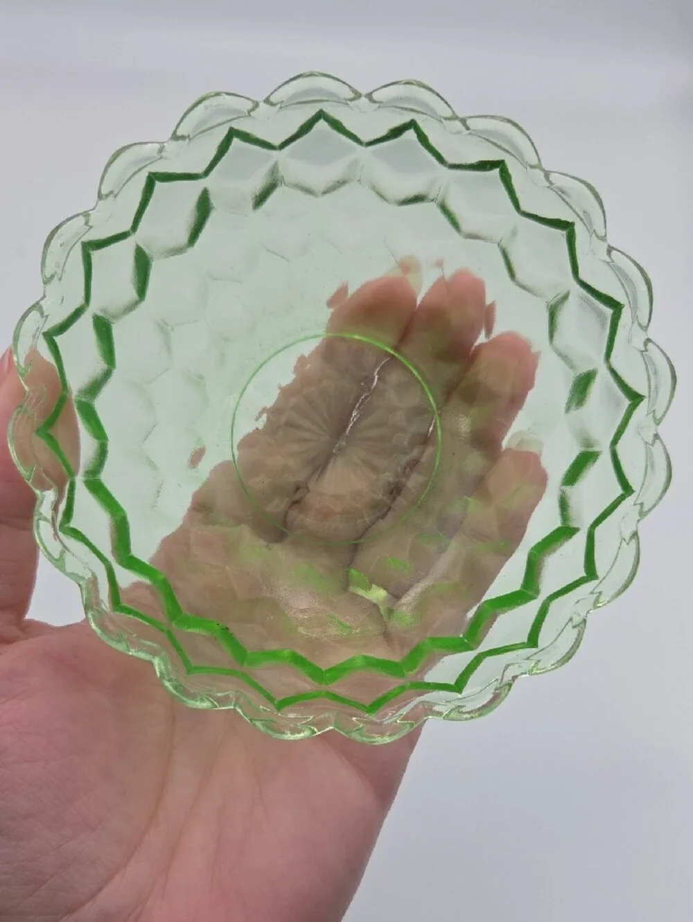 Green Pressed Glass Scalloped Bowl